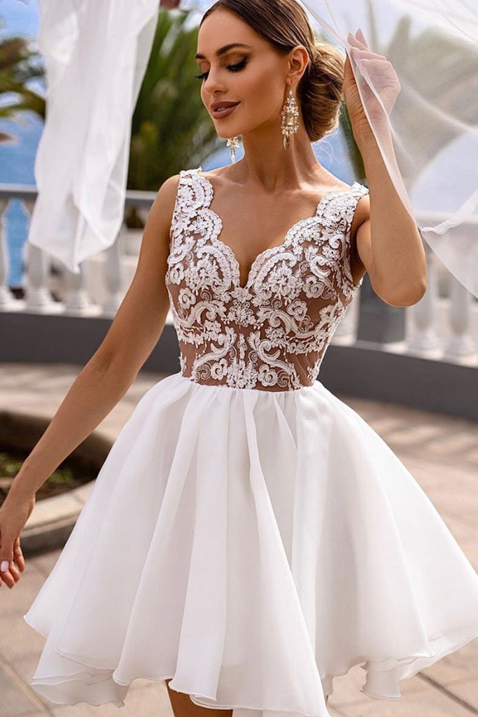 A Line V Neck White Lace Short Prom ...